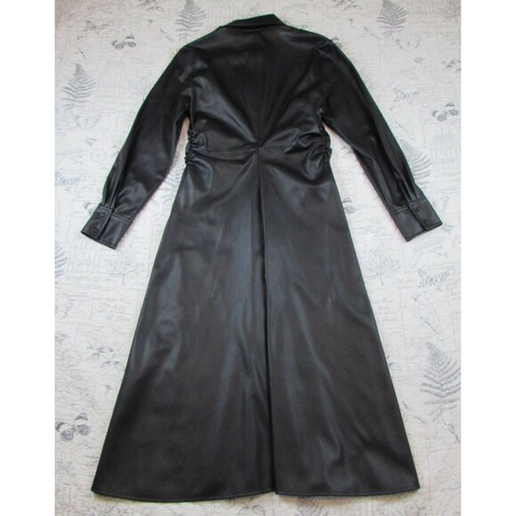 NEW Zara WOMANS MIDI FAUX VEGAN LEATHER SHIRT DRESS SHIRRED SIDES BLACK Size: L - Picture 11 of 12